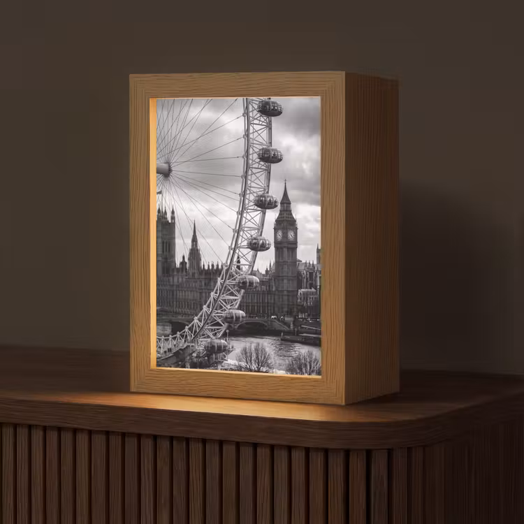 Personalisierte Lightbox - Riesenrad – Glockenturm – Architektur – Schwarz-Weiß – Stadt - Reuzenrad - Klokkentoren - Architectuur - Zwart-wit - Stad Light Box met kabel (Tafellamp) klein
