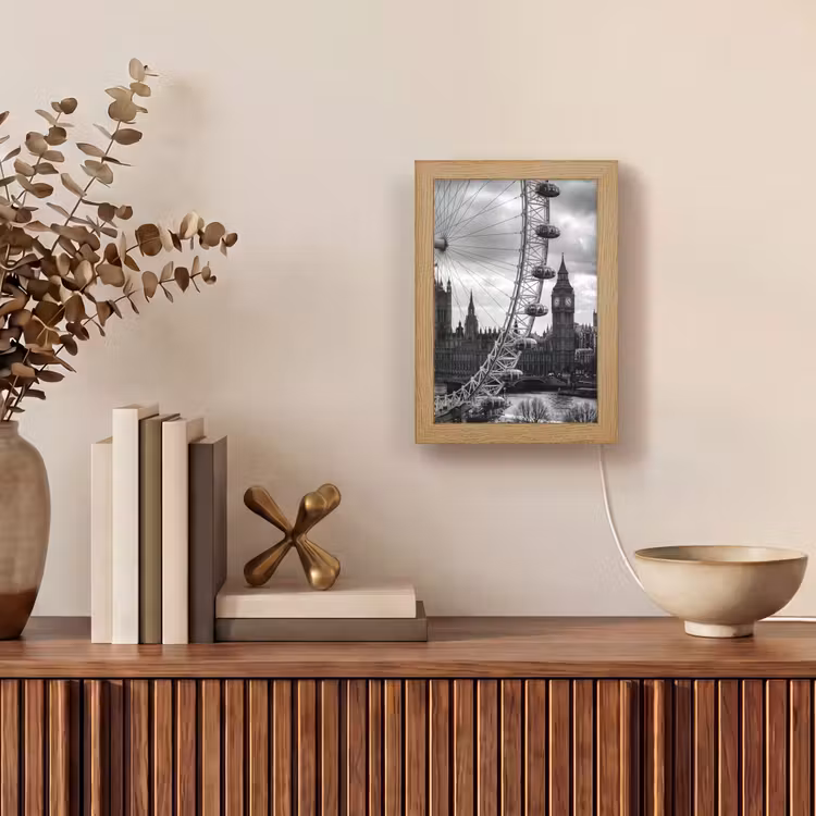 Personalisierte Lightbox - Riesenrad – Glockenturm – Architektur – Schwarz-Weiß – Stadt - Reuzenrad - Klokkentoren - Architectuur - Zwart-wit - Stad Light Box met kabel (Tafellamp) klein