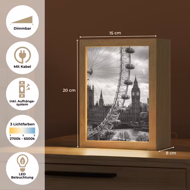 Personalisierte Lightbox - Riesenrad – Glockenturm – Architektur – Schwarz-Weiß – Stadt - Reuzenrad - Klokkentoren - Architectuur - Zwart-wit - Stad Light Box met kabel (Tafellamp) klein