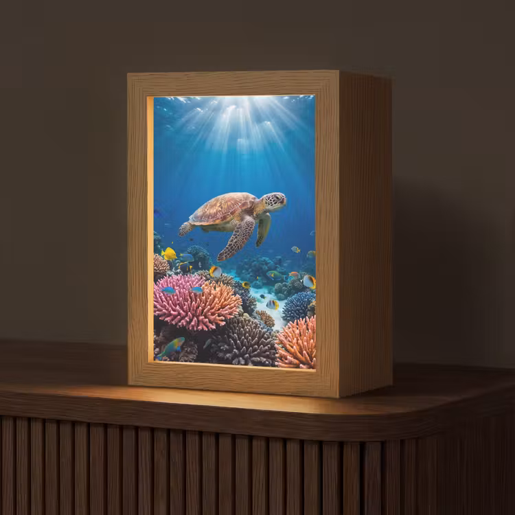 Schildpad - Koraalrif - Oceaan - Dieren - Blauw Light Box met kabel (Tafellamp) klein -z3d_website