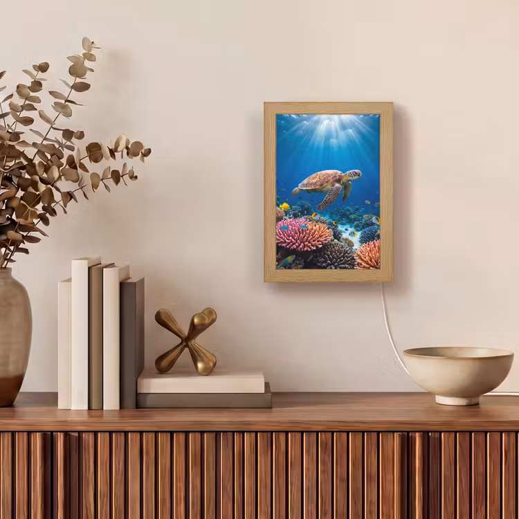 Schildpad - Koraalrif - Oceaan - Dieren - Blauw Light Box met kabel (Tafellamp) klein -sfeer2