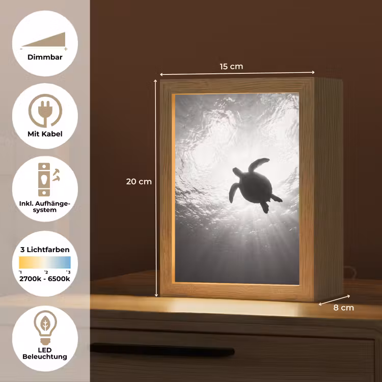 Schildpad - Onderwater - Lichtstralen - Oceaan - Zwart-wit Light Box met kabel (Tafellamp) klein -USP_DE