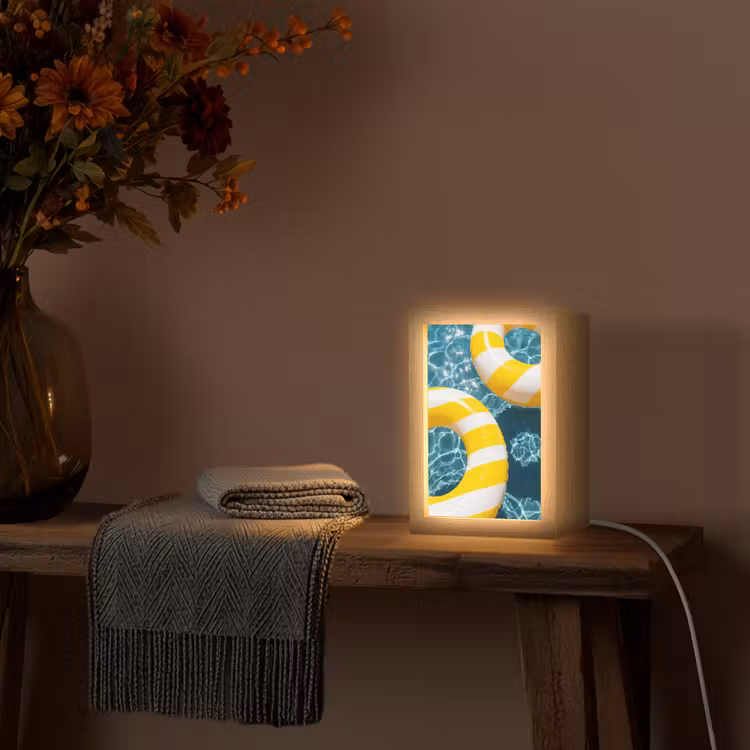 Personalisierte Lightbox - Schwimmbad – Schwimmringe – Sommer – Gelb – Blau - Zwembad - Zwembanden - Zomer - Geel - Blauw Light Box met kabel (Tafellamp) klein