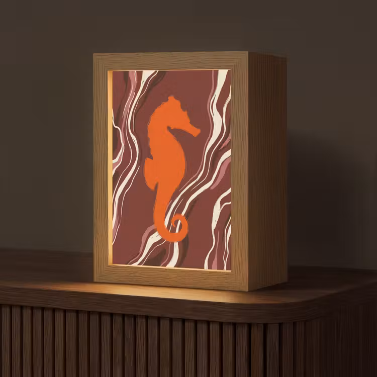 Personalisierte Lightbox - Seepferdchen – Wellen – Meeresleben – Abstrakt – Orange - Zeepaardje - Golven - Zeeleven - Abstract - Oranje Light Box met kabel (Tafellamp) klein