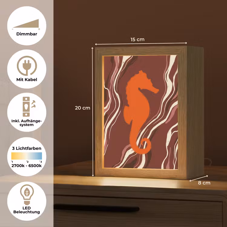 Personalisierte Lightbox - Seepferdchen – Wellen – Meeresleben – Abstrakt – Orange - Zeepaardje - Golven - Zeeleven - Abstract - Oranje Light Box met kabel (Tafellamp) klein