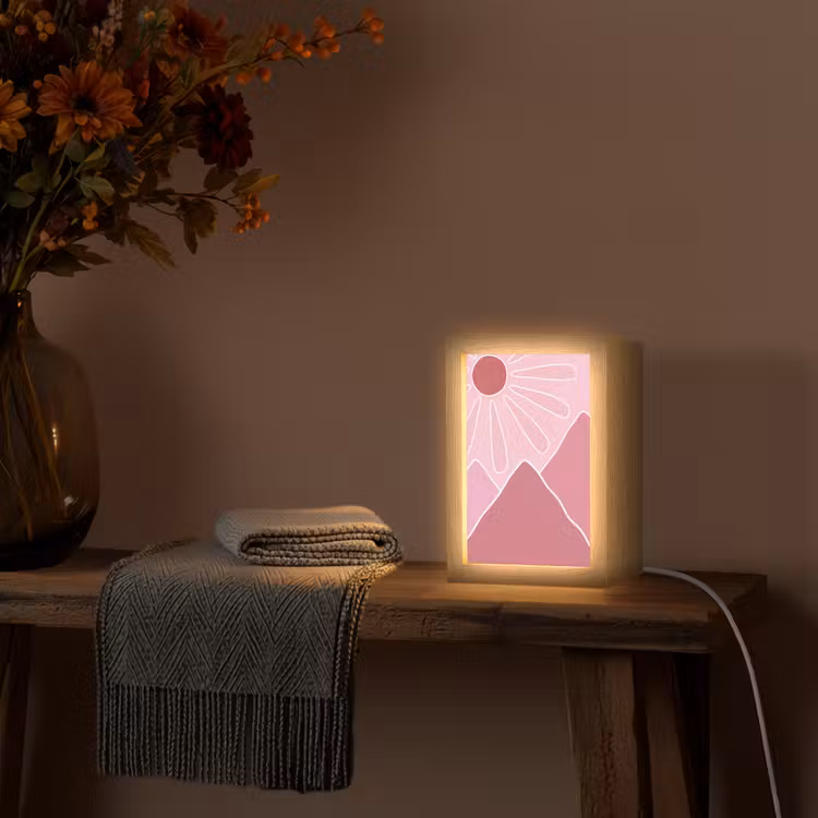 Personalisierte Lightbox - Sonne – Berge – Natur – Abstrakt – Rosa - Zon - Bergen - Natuur - Abstract - Roze Light Box met kabel (Tafellamp) klein