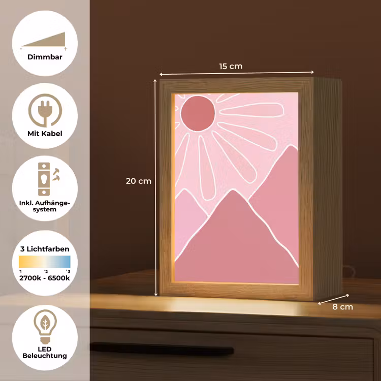 Personalisierte Lightbox - Sonne – Berge – Natur – Abstrakt – Rosa - Zon - Bergen - Natuur - Abstract - Roze Light Box met kabel (Tafellamp) klein
