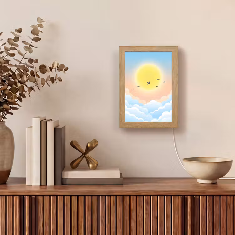 Zon - Vogels - Lucht - Natuur - Geel Light Box met kabel (Tafellamp) klein -sfeer2