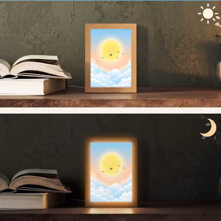 Zon - Vogels - Lucht - Natuur - Geel Light Box met kabel (Tafellamp) klein -sfeer3