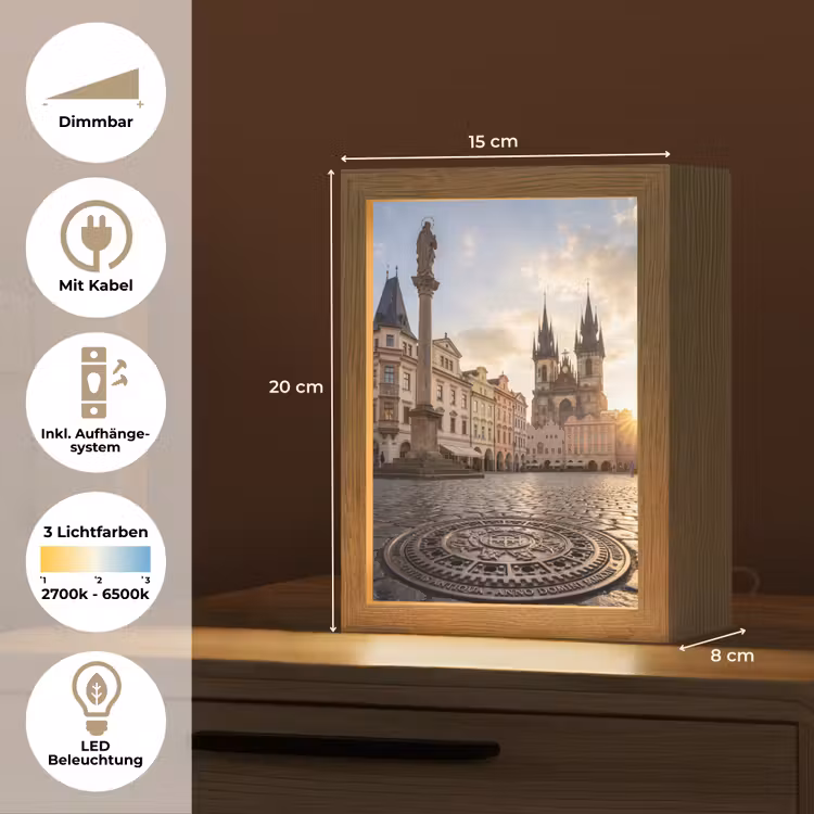 Personalisierte Lightbox - Stadt – Prag – Morgen – Architektur – Gold - Stad - Praag - Ochtend - Architectuur - Goud Light Box met kabel (Tafellamp) klein