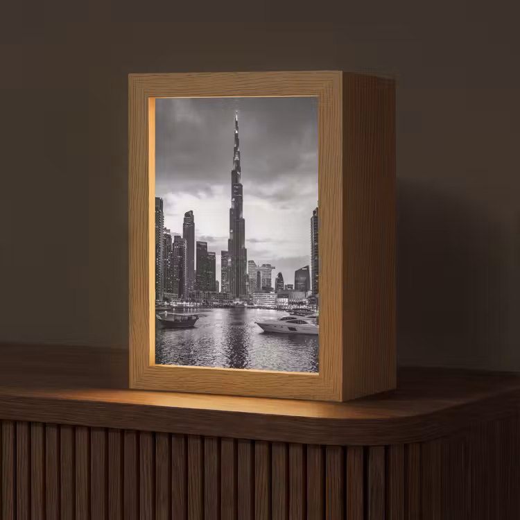 Personalisierte Lightbox - Stadt – Skyline – Architektur – Abend – Schwarz-Weiß - Stad - Skyline - Architectuur - Avond - Zwart-wit Light Box met kabel (Tafellamp) klein