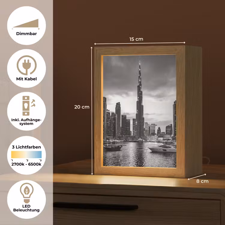 Personalisierte Lightbox - Stadt – Skyline – Architektur – Abend – Schwarz-Weiß - Stad - Skyline - Architectuur - Avond - Zwart-wit Light Box met kabel (Tafellamp) klein