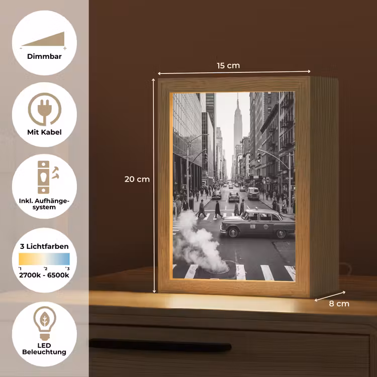 Personalisierte Lightbox - Stadt – Straße – Gebäude – Verkehr – Schwarz-Weiß - Stad - Straat - Gebouwen - Verkeer - Zwart-wit Light Box met kabel (Tafellamp) klein
