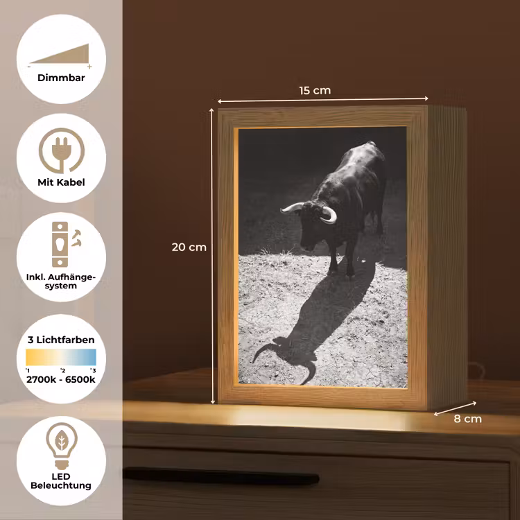 Stier - Schaduw - Dieren - Contrast - Zwart-wit Light Box met kabel (Tafellamp) klein -USP_DE