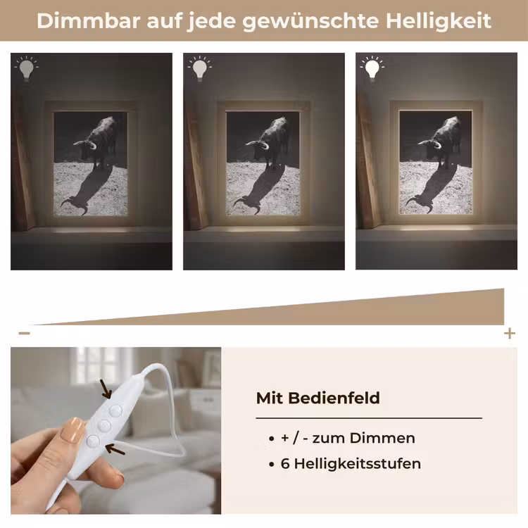 Stier - Schaduw - Dieren - Contrast - Zwart-wit Light Box met kabel (Tafellamp) klein -USP_dimbaarDE