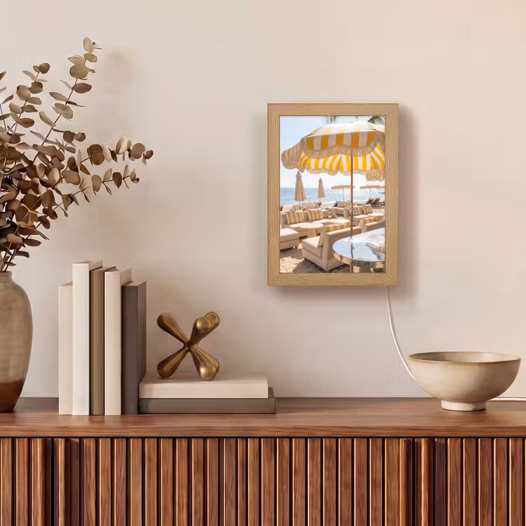 Personalisierte Lightbox - Strand – Liegestühle – Urlaub – Modern – Gelb - Strand - Ligbedden - Vakantie - Modern - Geel Light Box met kabel (Tafellamp) klein