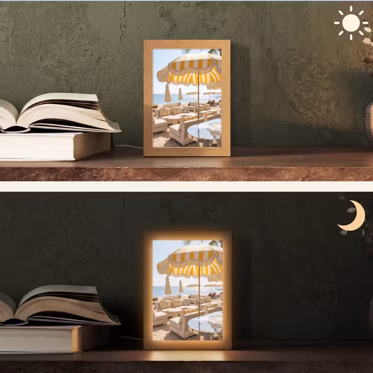 Personalisierte Lightbox - Strand – Liegestühle – Urlaub – Modern – Gelb - Strand - Ligbedden - Vakantie - Modern - Geel Light Box met kabel (Tafellamp) klein
