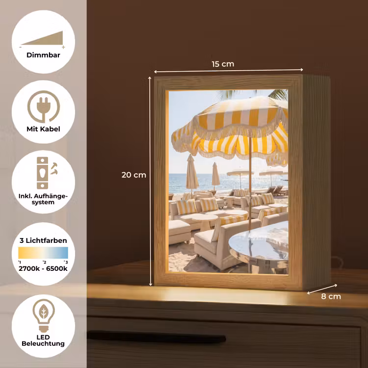 Personalisierte Lightbox - Strand – Liegestühle – Urlaub – Modern – Gelb - Strand - Ligbedden - Vakantie - Modern - Geel Light Box met kabel (Tafellamp) klein