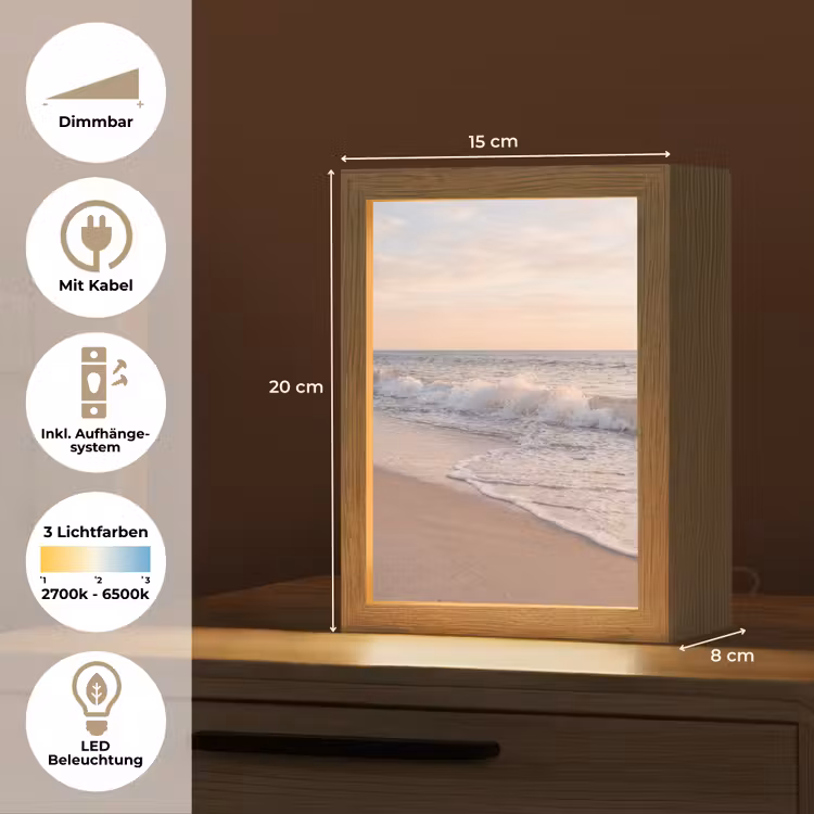 Personalisierte Lightbox - Strand – Meer – Wellen – Natur – Sonnenuntergang - Strand - Zee - Golven - Natuur - Zonsondergang Light Box met kabel (Tafellamp) klein
