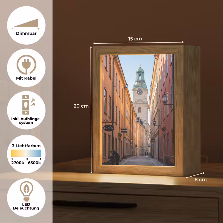 Personalisierte Lightbox - Straße – Glockenturm – Stadt – Architektur – Historisch - Straat - Klokkentoren - Stad - Architectuur - Historisch Light Box met kabel (Tafellamp) klein