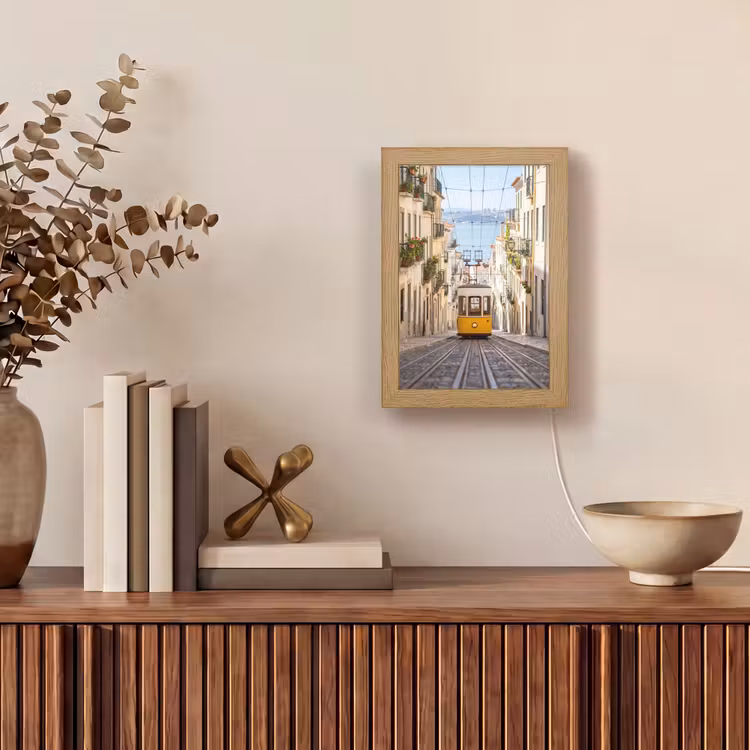 Personalisierte Lightbox - Straßenbahn – Straße – Stadt – Architektur – Gelb - Tram - Straat - Stad - Architectuur - Geel Light Box met kabel (Tafellamp) klein