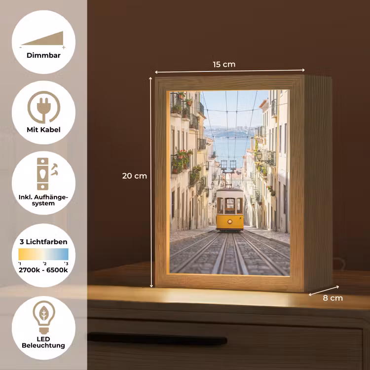Personalisierte Lightbox - Straßenbahn – Straße – Stadt – Architektur – Gelb - Tram - Straat - Stad - Architectuur - Geel Light Box met kabel (Tafellamp) klein
