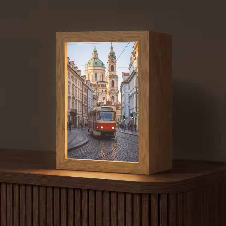 Personalisierte Lightbox - Straßenbahn – Straße – Stadtansicht – Klassisch – Rot - Tram - Straat - Stadsgezicht - Klassiek - Rood Light Box met kabel (Tafellamp) klein