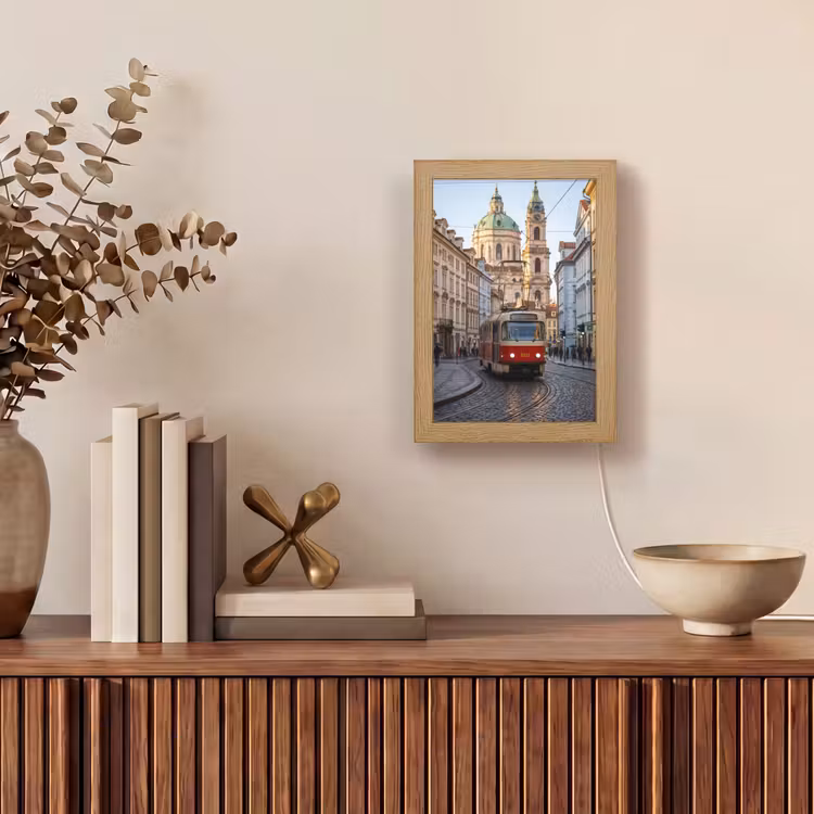 Personalisierte Lightbox - Straßenbahn – Straße – Stadtansicht – Klassisch – Rot - Tram - Straat - Stadsgezicht - Klassiek - Rood Light Box met kabel (Tafellamp) klein