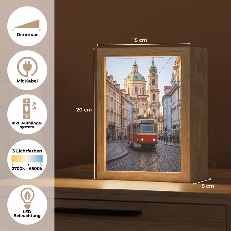 Personalisierte Lightbox - Straßenbahn – Straße – Stadtansicht – Klassisch – Rot - Tram - Straat - Stadsgezicht - Klassiek - Rood Light Box met kabel (Tafellamp) klein