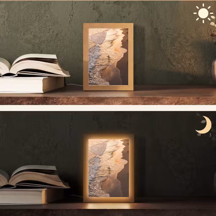 Personalisierte Lightbox - Surfer – Strand – Sonnenuntergang – Ozean – Gold - Surfer - Strand - Zonsondergang - Oceaan - Goud Light Box met kabel (Tafellamp) klein