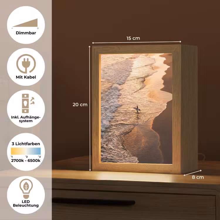 Personalisierte Lightbox - Surfer – Strand – Sonnenuntergang – Ozean – Gold - Surfer - Strand - Zonsondergang - Oceaan - Goud Light Box met kabel (Tafellamp) klein