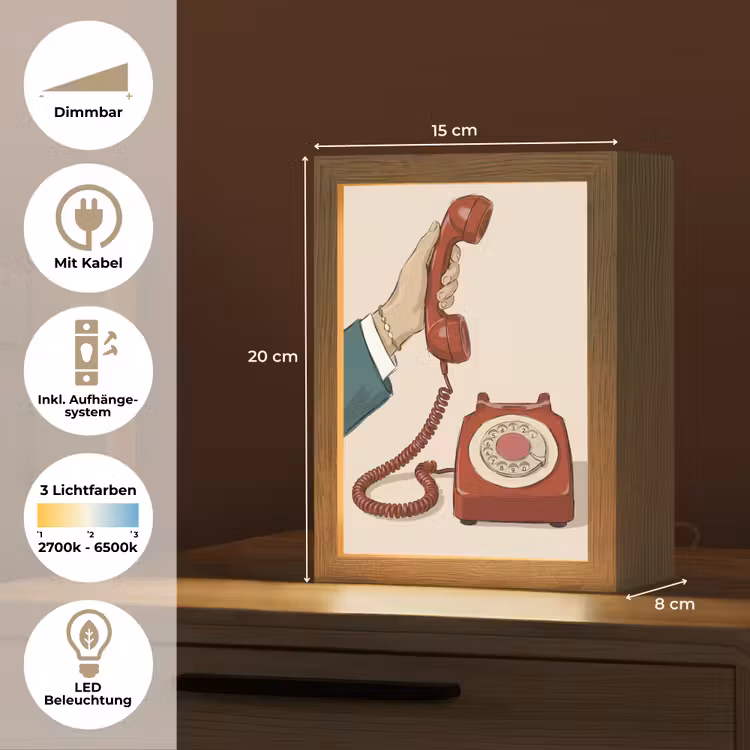 Personalisierte Lightbox - Telefon – Handy – Vintage – Kommunikation – Rot - Telefoon - Hand - Vintage - Communicatie - Rood Light Box met kabel (Tafellamp) klein