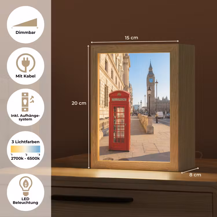 Personalisierte Lightbox - Telefonzelle – Rot – London – Stadt – Architektur - Telefooncel - Rood - Londen - Stad - Architectuur Light Box met kabel (Tafellamp) klein