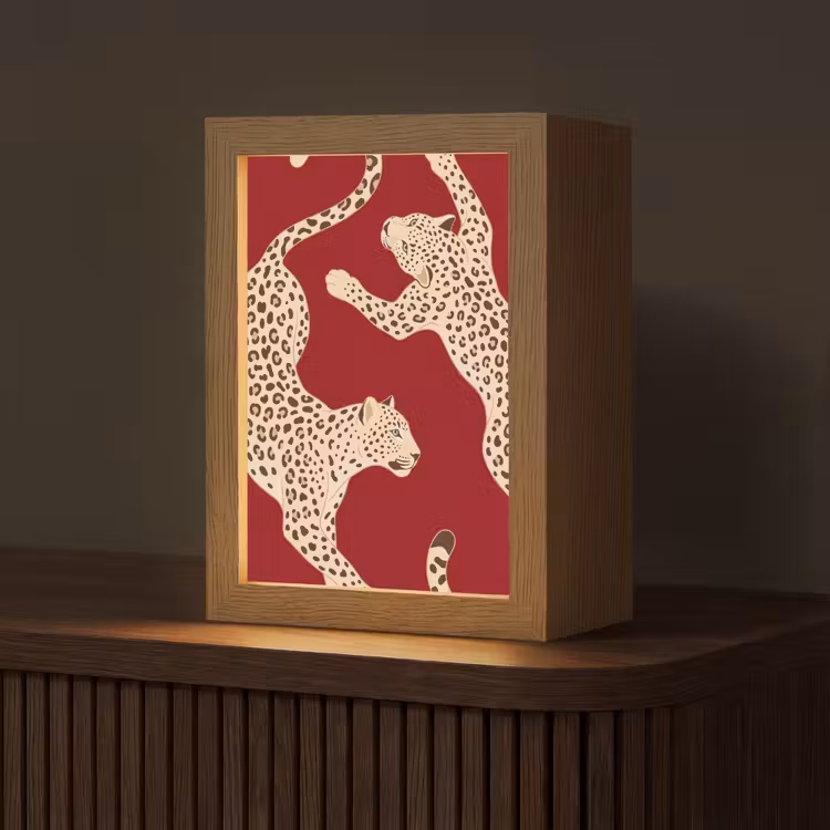 Personalisierte Lightbox - Tiere – Leopard – Abstrakt – Rot – Modern - Dieren - Luipaard - Abstract - Rood - Modern Light Box met kabel (Tafellamp) klein