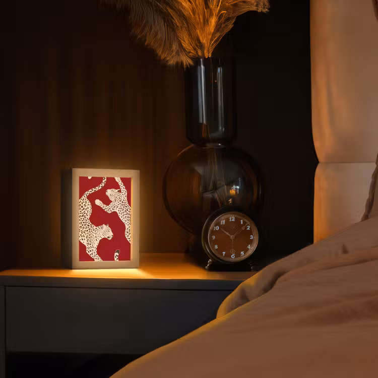 Personalisierte Lightbox - Tiere – Leopard – Abstrakt – Rot – Modern - Dieren - Luipaard - Abstract - Rood - Modern Light Box met kabel (Tafellamp) klein