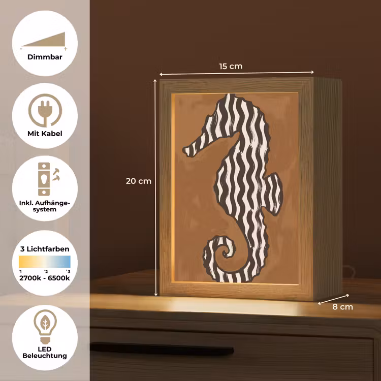 Personalisierte Lightbox - Tiere – Seepferdchen – Abstrakt – Braun – Streifen - Dieren - Zeepaardje - Abstract - Bruin - Strepen Light Box met kabel (Tafellamp) klein