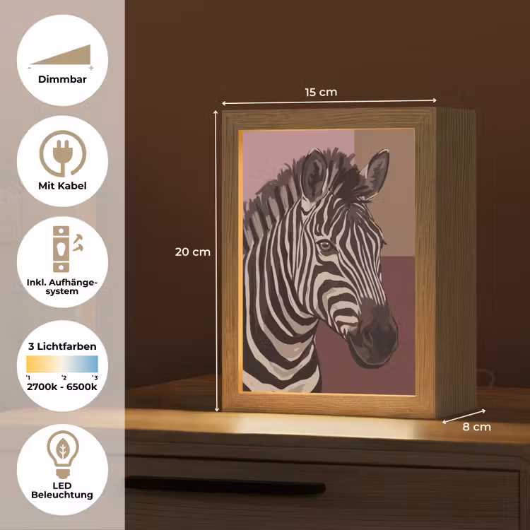 Personalisierte Lightbox - Tiere – Zebrakopf – Tierwelt – Modern – Braun - Dieren - Zebrahoofd - Wildlife - Modern - Bruin Light Box met kabel (Tafellamp) klein