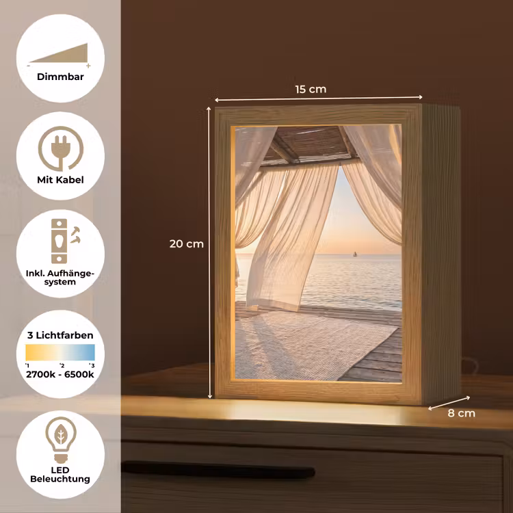 Personalisierte Lightbox - Überdachung – Meer – Sonnenuntergang – Urlaub – Ruhe - Overkapping - Zee - Zonsondergang - Vakantie - Rust Light Box met kabel (Tafellamp) klein