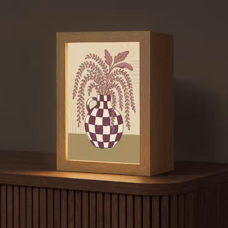 Personalisierte Lightbox - Vase – Kariert – Pflanzen – Modern – Lila - Vaas - Geruit - Planten - Modern - Paars Light Box met kabel (Tafellamp) klein
