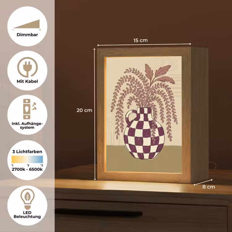 Personalisierte Lightbox - Vase – Kariert – Pflanzen – Modern – Lila - Vaas - Geruit - Planten - Modern - Paars Light Box met kabel (Tafellamp) klein
