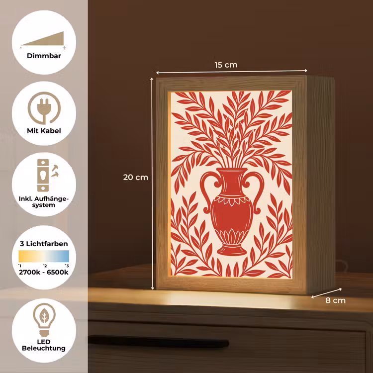 Personalisierte Lightbox - Vase – Pflanzen – Dekoration – Abstrakt – Rot - Vaas - Planten - Decoratie - Abstract - Rood Light Box met kabel (Tafellamp) klein
