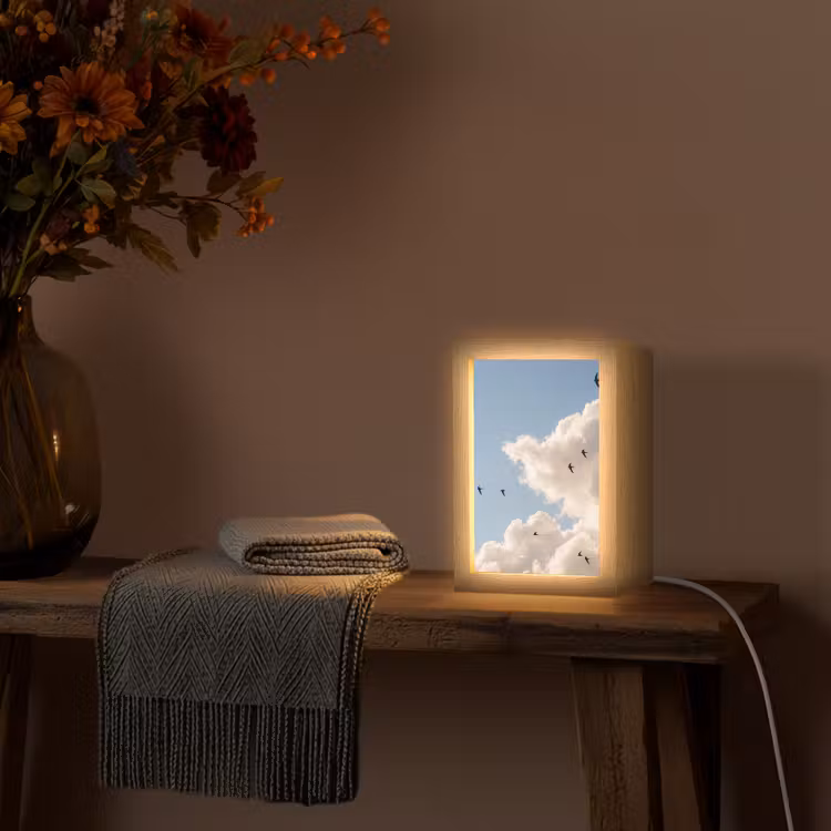 Vogel - Vlucht - Wolken - Natuur - Blauw Light Box met kabel (Tafellamp) klein -sfeer4