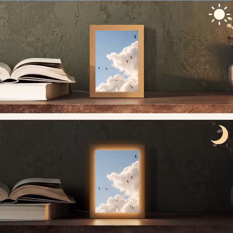 Vogel - Vlucht - Wolken - Natuur - Blauw Light Box met kabel (Tafellamp) klein -sfeer3