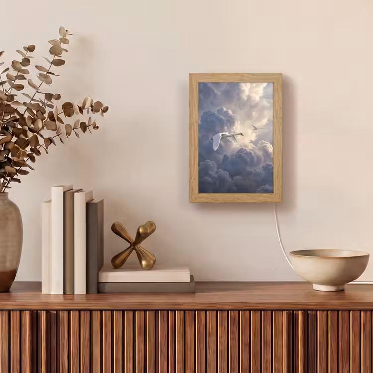 Vogel - Vliegend - Natuur - Wit - Wolken Light Box met kabel (Tafellamp) klein -sfeer2