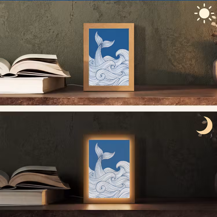 Walvis - Staart - Golven - Lijntekening - Blauw Light Box met kabel (Tafellamp) klein -sfeer3