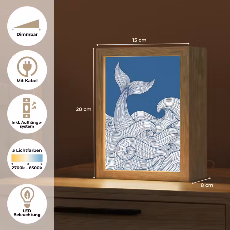 Walvis - Staart - Golven - Lijntekening - Blauw Light Box met kabel (Tafellamp) klein -USP_DE