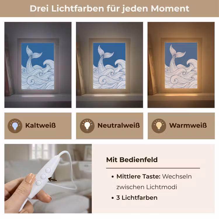 Walvis - Staart - Golven - Lijntekening - Blauw Light Box met kabel (Tafellamp) klein -USP_lichtkleurDE