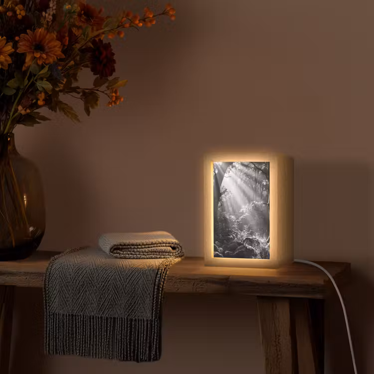 Bos - Lichtstralen - Natuur - Zwart-wit Light Box met kabel (Tafellamp) klein -sfeer4