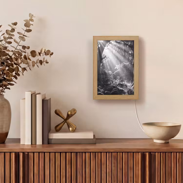 Bos - Lichtstralen - Natuur - Zwart-wit Light Box met kabel (Tafellamp) klein -sfeer2