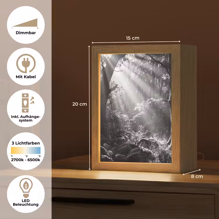 Bos - Lichtstralen - Natuur - Zwart-wit Light Box met kabel (Tafellamp) klein -USP_DE